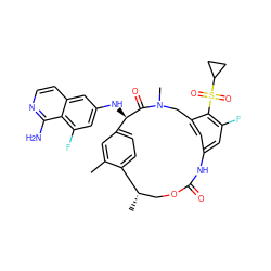 Cc1cc2ccc1[C@@H](C)COC(=O)Nc1cc(F)c(S(=O)(=O)C3CC3)c(c1)CN(C)C(=O)[C@@H]2Nc1cc(F)c2c(N)nccc2c1 ZINC000207276957