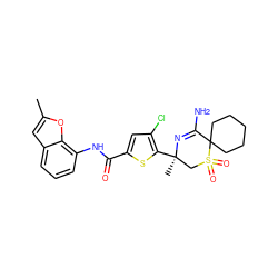 Cc1cc2cccc(NC(=O)c3cc(Cl)c([C@]4(C)CS(=O)(=O)C5(CCCCC5)C(N)=N4)s3)c2o1 ZINC000207749028