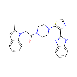 Cc1cc2ccccc2n1CC(=O)N1CCN(c2scnc2-c2nc3ccccc3[nH]2)CC1 ZINC000143692276