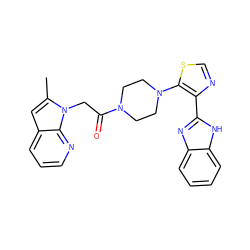 Cc1cc2cccnc2n1CC(=O)N1CCN(c2scnc2-c2nc3ccccc3[nH]2)CC1 ZINC000143577027