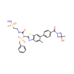 Cc1cc2nc([C@@H](C(=O)NCCS(N)(=O)=O)S(=O)(=O)Cc3ccccc3)sc2cc1-c1ccc(C(=O)N2CC(C)(O)C2)cc1 ZINC000221947828