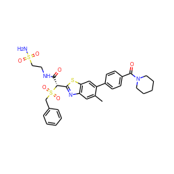 Cc1cc2nc([C@@H](C(=O)NCCS(N)(=O)=O)S(=O)(=O)Cc3ccccc3)sc2cc1-c1ccc(C(=O)N2CCCCC2)cc1 ZINC000222082402