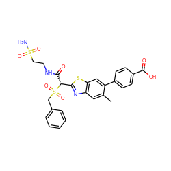 Cc1cc2nc([C@@H](C(=O)NCCS(N)(=O)=O)S(=O)(=O)Cc3ccccc3)sc2cc1-c1ccc(C(=O)O)cc1 ZINC000145523933