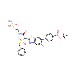 Cc1cc2nc([C@@H](C(=O)NCCS(N)(=O)=O)S(=O)(=O)Cc3ccccc3)sc2cc1-c1ccc(C(=O)OC(C)(C)C)cc1 ZINC000222006639