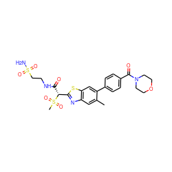 Cc1cc2nc([C@@H](C(=O)NCCS(N)(=O)=O)S(C)(=O)=O)sc2cc1-c1ccc(C(=O)N2CCOCC2)cc1 ZINC000143949194