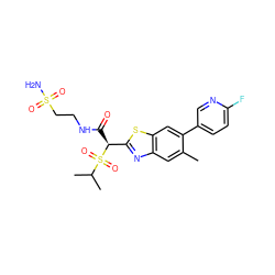 Cc1cc2nc([C@H](C(=O)NCCS(N)(=O)=O)S(=O)(=O)C(C)C)sc2cc1-c1ccc(F)nc1 ZINC000143973896