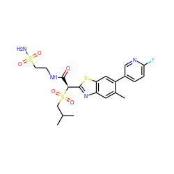 Cc1cc2nc([C@H](C(=O)NCCS(N)(=O)=O)S(=O)(=O)CC(C)C)sc2cc1-c1ccc(F)nc1 ZINC000144000376