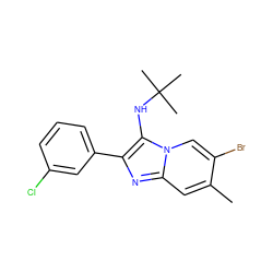 Cc1cc2nc(-c3cccc(Cl)c3)c(NC(C)(C)C)n2cc1Br ZINC000207020152