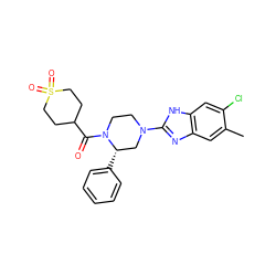 Cc1cc2nc(N3CCN(C(=O)C4CCS(=O)(=O)CC4)[C@@H](c4ccccc4)C3)[nH]c2cc1Cl ZINC001772629450