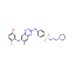 Cc1cc2nc(Nc3ccc(S(=O)(=O)NCCN4CCCC4)cc3)nnc2cc1Nc1cc(O)ccc1Cl ZINC000144271025