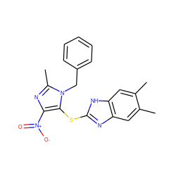 Cc1cc2nc(Sc3c([N+](=O)[O-])nc(C)n3Cc3ccccc3)[nH]c2cc1C ZINC000001132803