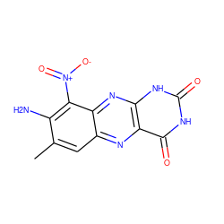 Cc1cc2nc3c(=O)[nH]c(=O)[nH]c3nc2c([N+](=O)[O-])c1N ZINC000004789606