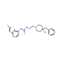 Cc1cc2nccc(NC(=O)NCCN3CCC(O)(Cc4ccccc4)CC3)c2s1 ZINC000220433591