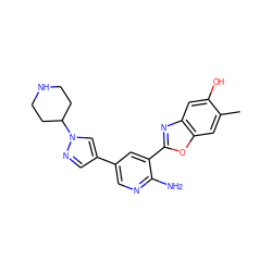 Cc1cc2oc(-c3cc(-c4cnn(C5CCNCC5)c4)cnc3N)nc2cc1O ZINC000084653053