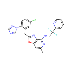 Cc1cc2oc(Cc3cc(Cl)ccc3-n3cncn3)nc2c(NCC(F)(F)c2ccccn2)n1 ZINC000028527515