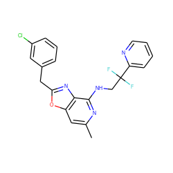 Cc1cc2oc(Cc3cccc(Cl)c3)nc2c(NCC(F)(F)c2ccccn2)n1 ZINC000028526265