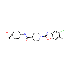 Cc1cc2oc(N3CCC(C(=O)N[C@H]4CC[C@@](C)(O)CC4)CC3)nc2cc1Cl ZINC000101660420