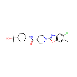 Cc1cc2oc(N3CCC(C(=O)N[C@H]4CC[C@@H](C(C)(C)O)CC4)CC3)nc2cc1Cl ZINC000261171643