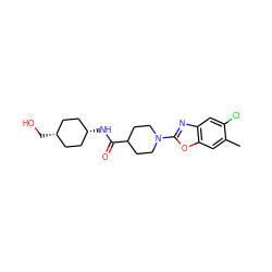 Cc1cc2oc(N3CCC(C(=O)N[C@H]4CC[C@@H](CO)CC4)CC3)nc2cc1Cl ZINC000261139404