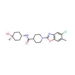 Cc1cc2oc(N3CCC(C(=O)N[C@H]4CC[C@](C)(O)CC4)CC3)nc2cc1Cl ZINC000101660406