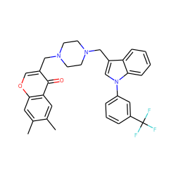 Cc1cc2occ(CN3CCN(Cc4cn(-c5cccc(C(F)(F)F)c5)c5ccccc45)CC3)c(=O)c2cc1C ZINC000140214805