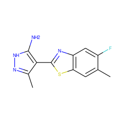 Cc1cc2sc(-c3c(C)n[nH]c3N)nc2cc1F ZINC000114399251