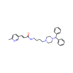 Cc1ccc(/C=C/C(=O)NCCCCN2CCN(C(c3ccccc3)c3ccccc3)CC2)cn1 ZINC000022463332