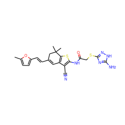 Cc1ccc(/C=C/C2=Cc3c(sc(NC(=O)CSc4n[nH]c(N)n4)c3C#N)C(C)(C)C2)o1 ZINC000004195189