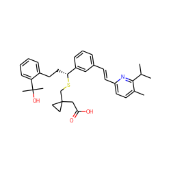 Cc1ccc(/C=C/c2cccc([C@@H](CCc3ccccc3C(C)(C)O)SCC3(CC(=O)O)CC3)c2)nc1C(C)C ZINC000027523361