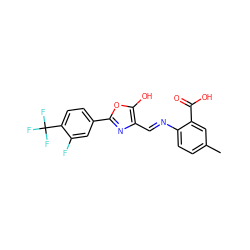 Cc1ccc(/N=C/c2nc(-c3ccc(C(F)(F)F)c(F)c3)oc2O)c(C(=O)O)c1 ZINC000013588222