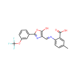 Cc1ccc(/N=C/c2nc(-c3cccc(OC(F)(F)F)c3)oc2O)c(C(=O)O)c1 ZINC000012421504