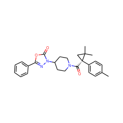 Cc1ccc([C@@]2(C(=O)N3CCC(n4nc(-c5ccccc5)oc4=O)CC3)CC2(C)C)cc1 ZINC000653729593