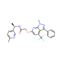 Cc1ccc([C@@H](C)NC(=O)COc2cc(C(F)(F)F)c3c(-c4ccccc4)nn(C)c3n2)cn1 ZINC000117513285