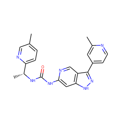 Cc1ccc([C@@H](C)NC(=O)Nc2cc3[nH]nc(-c4ccnc(C)c4)c3cn2)nc1 ZINC000219750643