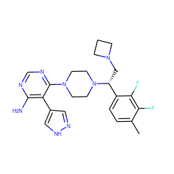 Cc1ccc([C@@H](CN2CCC2)N2CCN(c3ncnc(N)c3-c3cn[nH]c3)CC2)c(F)c1F ZINC000219317667