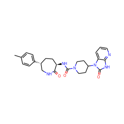 Cc1ccc([C@@H]2CC[C@@H](NC(=O)N3CCC(n4c(=O)[nH]c5ncccc54)CC3)C(=O)NC2)cc1 ZINC000028827324