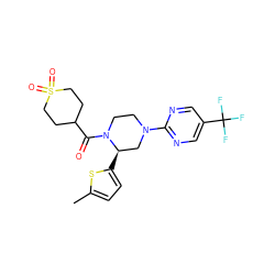 Cc1ccc([C@@H]2CN(c3ncc(C(F)(F)F)cn3)CCN2C(=O)C2CCS(=O)(=O)CC2)s1 ZINC001772628211