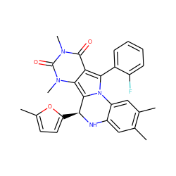 Cc1ccc([C@@H]2Nc3cc(C)c(C)cc3-n3c(-c4ccccc4F)c4c(=O)n(C)c(=O)n(C)c4c32)o1 ZINC000015859028