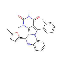 Cc1ccc([C@@H]2Nc3ccccc3-n3c(-c4ccccc4C)c4c(=O)n(C)c(=O)n(C)c4c32)o1 ZINC000021524927