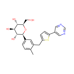 Cc1ccc([C@@H]2O[C@H](CO)[C@@H](O)[C@H](O)[C@H]2O)cc1Cc1ccc(-c2cncnc2)s1 ZINC000096282344