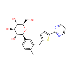 Cc1ccc([C@@H]2O[C@H](CO)[C@@H](O)[C@H](O)[C@H]2O)cc1Cc1ccc(-c2ncccn2)s1 ZINC000096282343