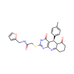 Cc1ccc([C@@H]2c3c(nc(SCC(=O)NCc4ccco4)[nH]c3=O)N=C3CCCC(=O)C32)cc1 ZINC000102772232