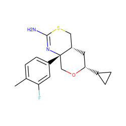 Cc1ccc([C@]23CO[C@@H](C4CC4)C[C@H]2CSC(N)=N3)cc1F ZINC000209357866