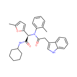 Cc1ccc([C@H](C(=O)NC2CCCCC2)N(C(=O)Cc2c[nH]c3ccccc23)c2ccccc2C)o1 ZINC000008686434