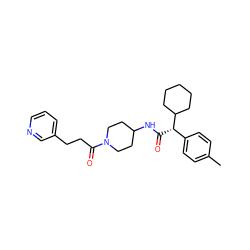 Cc1ccc([C@H](C(=O)NC2CCN(C(=O)CCc3cccnc3)CC2)C2CCCCC2)cc1 ZINC000028818658