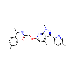 Cc1ccc([C@H](C)NC(=O)COc2cc(C)c3c(-c4ccc(C)cn4)nn(C)c3n2)cc1 ZINC000117513570