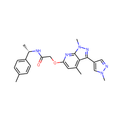 Cc1ccc([C@H](C)NC(=O)COc2cc(C)c3c(-c4cnn(C)c4)nn(C)c3n2)cc1 ZINC000117515692