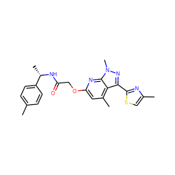 Cc1ccc([C@H](C)NC(=O)COc2cc(C)c3c(-c4nc(C)cs4)nn(C)c3n2)cc1 ZINC000117513513