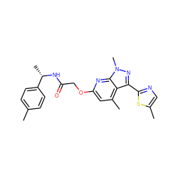 Cc1ccc([C@H](C)NC(=O)COc2cc(C)c3c(-c4ncc(C)s4)nn(C)c3n2)cc1 ZINC000117512651