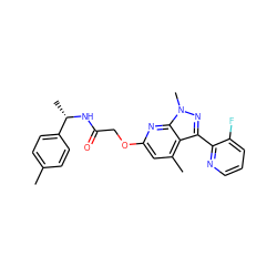 Cc1ccc([C@H](C)NC(=O)COc2cc(C)c3c(-c4ncccc4F)nn(C)c3n2)cc1 ZINC000117512005